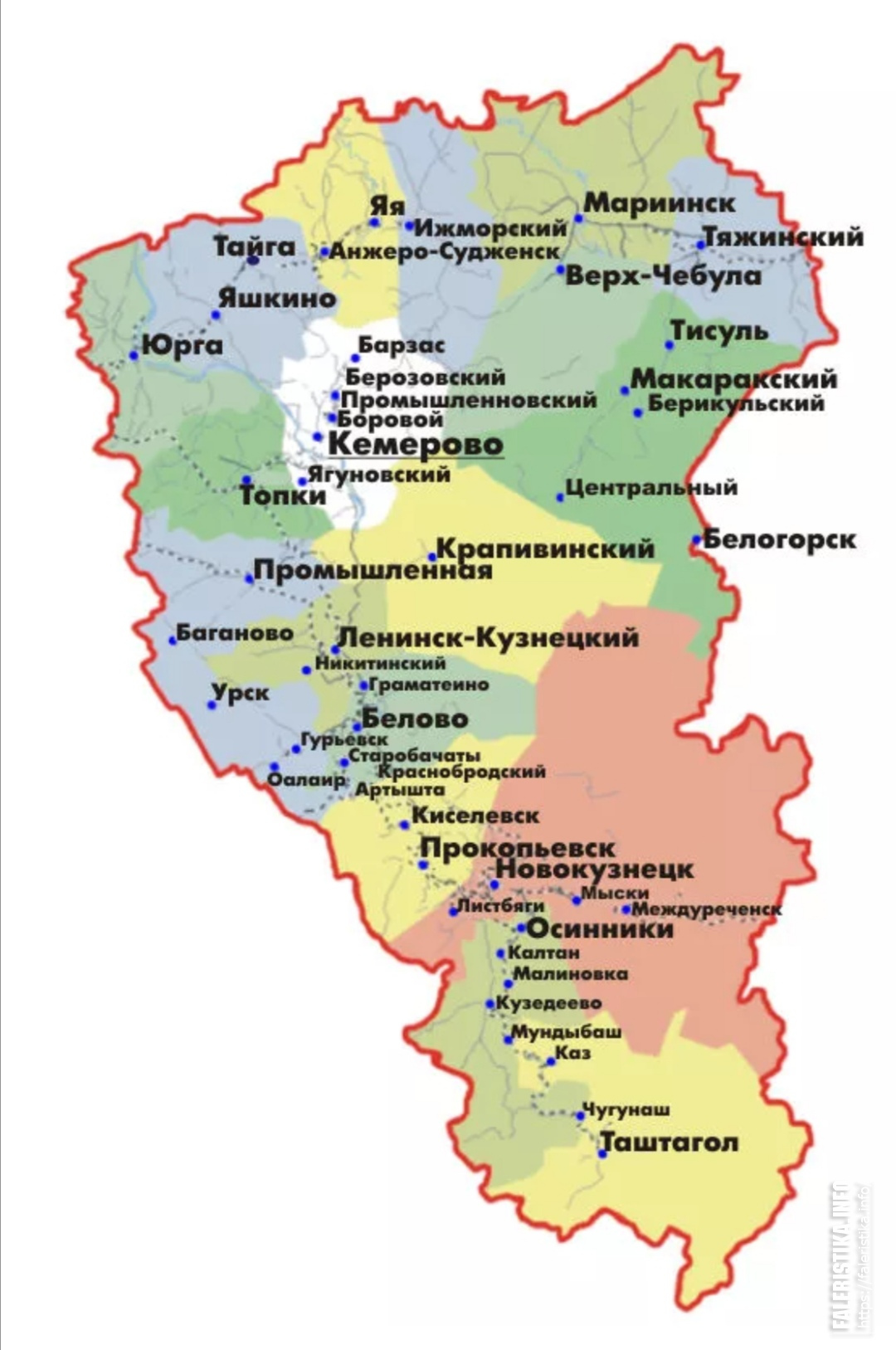 Карта Кемеровской области с городами и поселками подробная